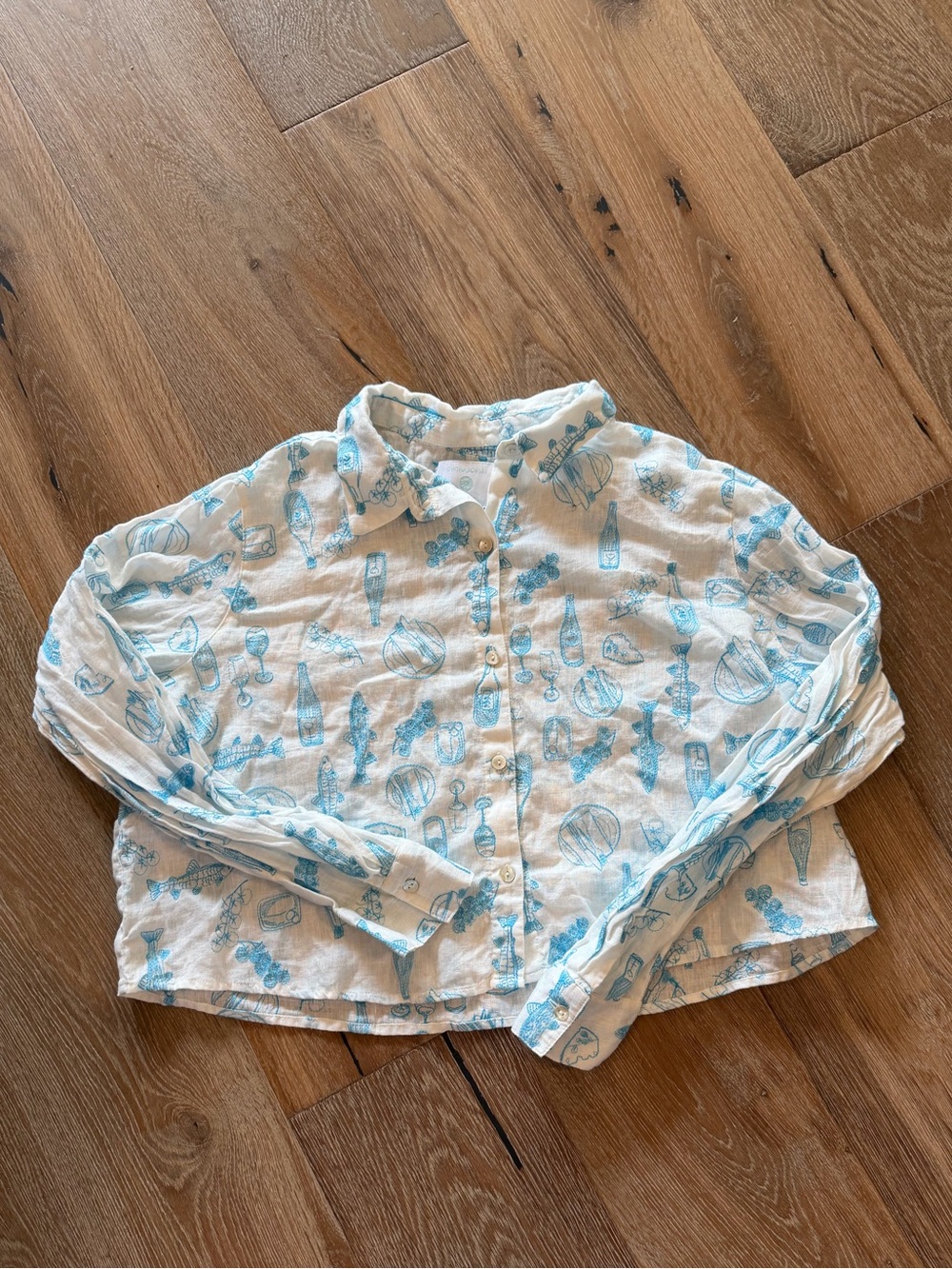 Cynthia Rowley 100% Linen Costal Grandma Vibes Top Blue White Womens Large NWOT